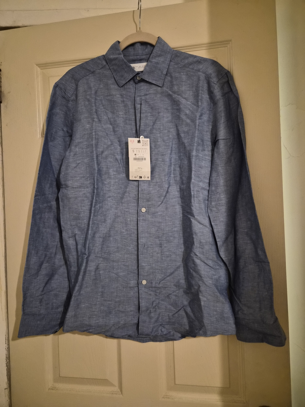 Zara Men's Light Blue Button-Up Linen Shirt - Chambray Look